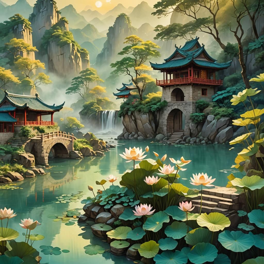 Traditional Chinese Landscape with Ancient Mill and Greenery