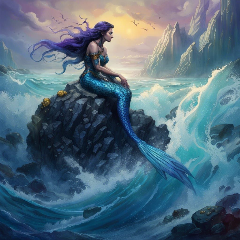 A dark mermaid on a rock in arctic sea. - AI Generated Artwork ...