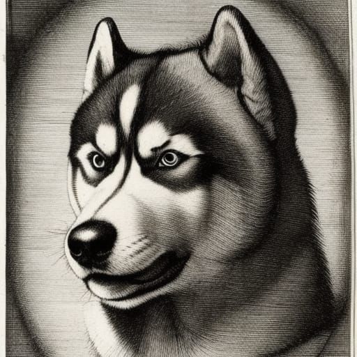 A husky dog, Dürer style, etching