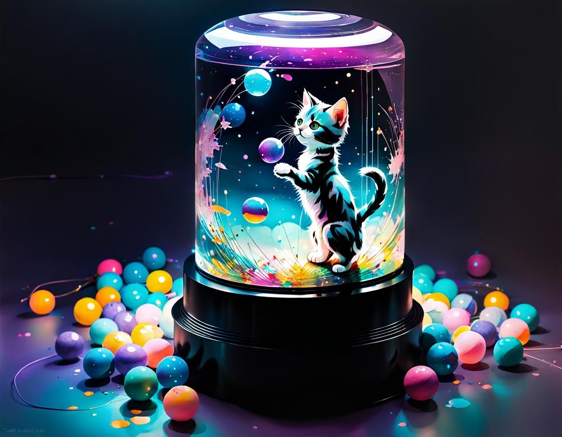 Kitten Playing in Laser Globe: Digital Watercolor Art