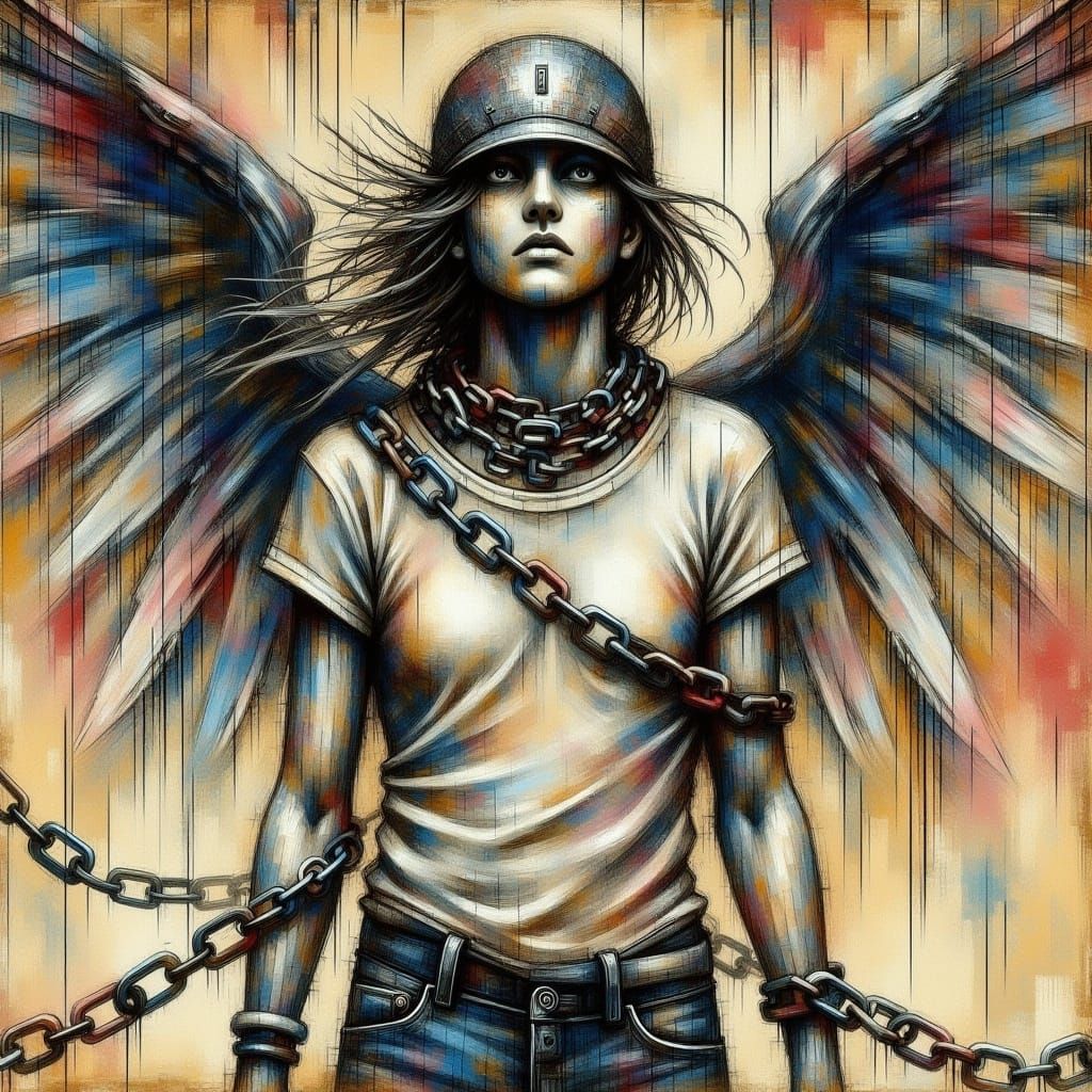 <lora:-Abstragony-:1.0> agony, angel in chains, dressed in worn t-shirt and jeans, mixed media, surreal, abstract