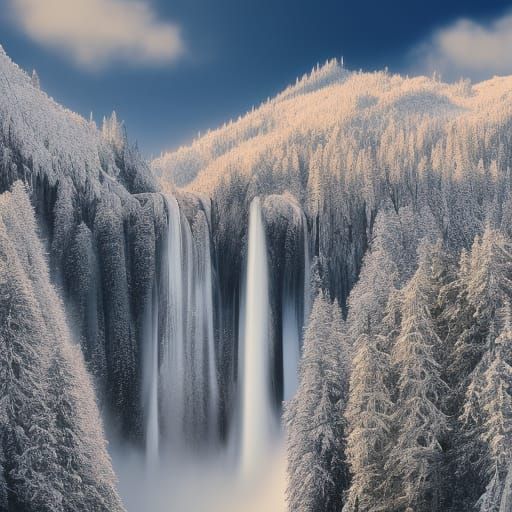 Waterfall and mountains after snowfall