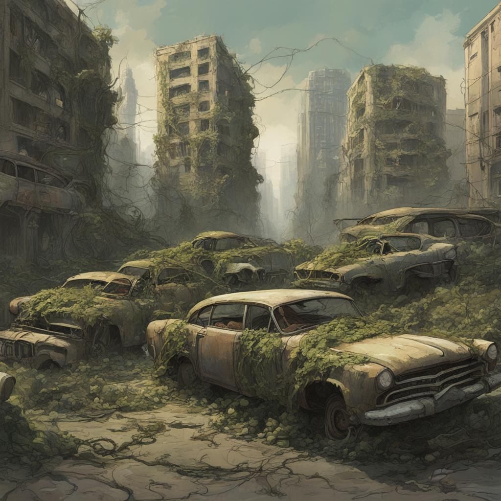 Post apocalyptic ruins covered in vines