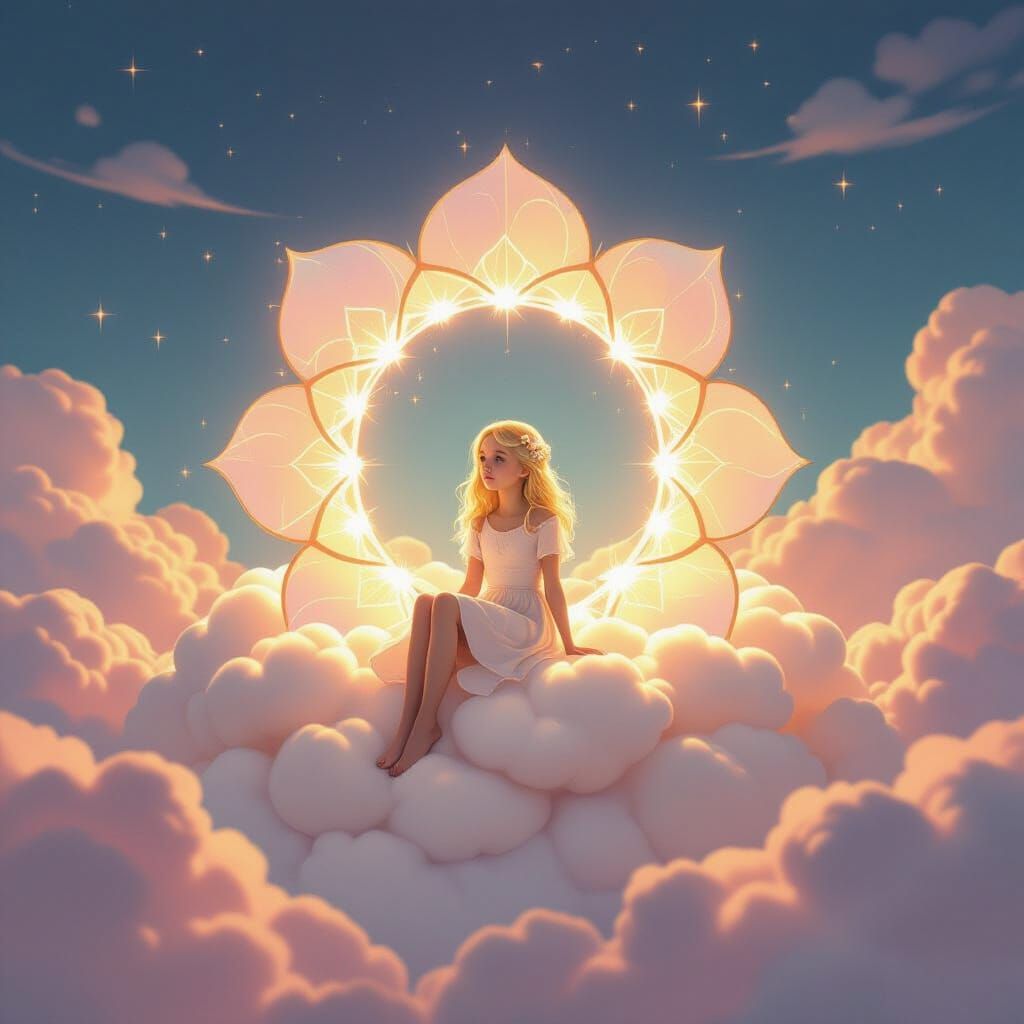 a rose gold portal shaped like a flower on a cloud with a cloud portal going up with a blonde girl siting on the cloud elevator
