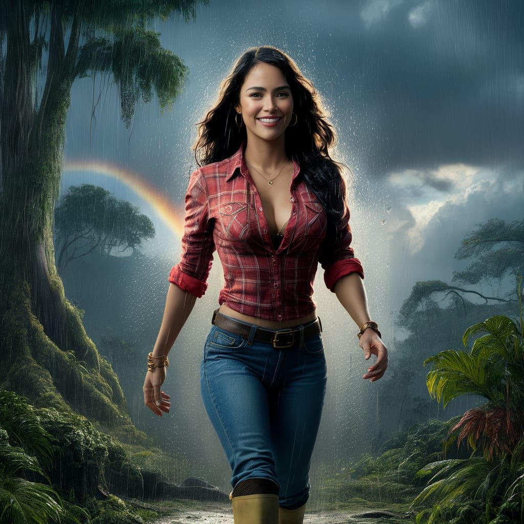 beautiful Hispanic woman in red plaid shirt, blue jeans, and...