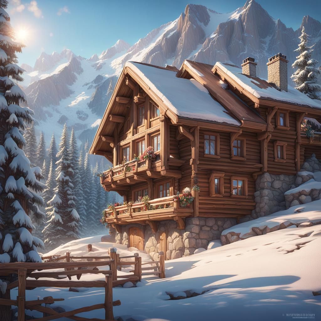 Imagine the sumptuous scene of a wooden chalet in the mounta...