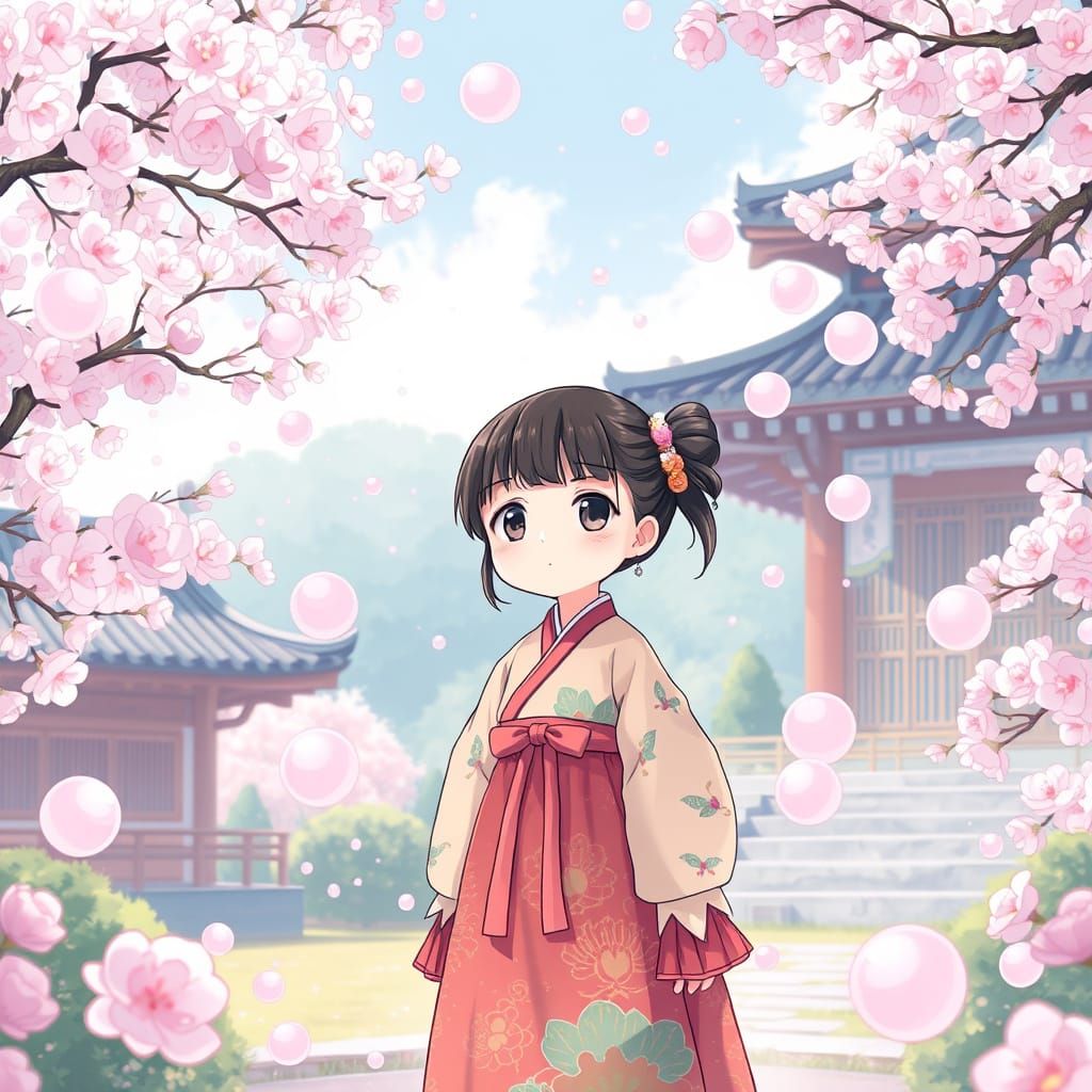 Anime Girl in Hanbok with Cherry Blossoms