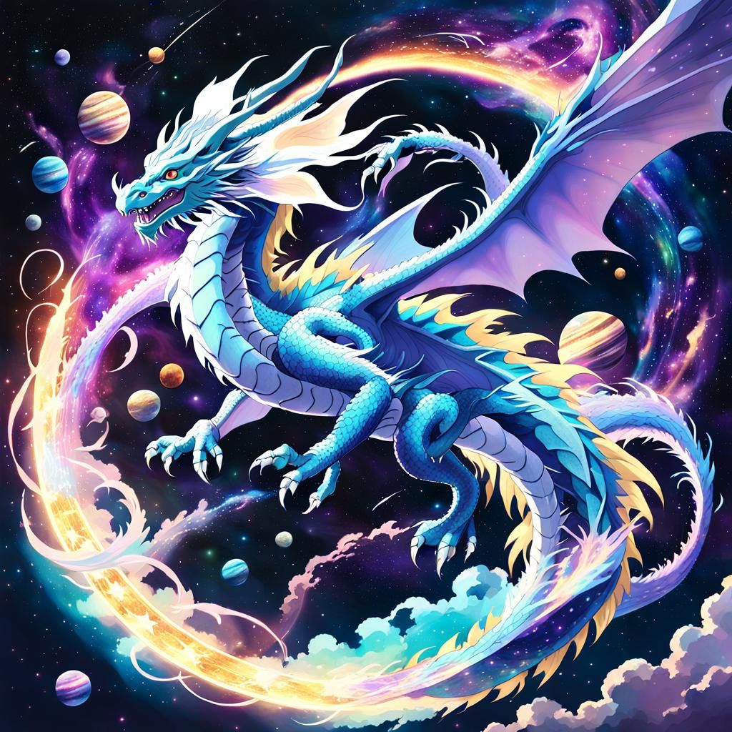 Um grande tradicional dragão celestial voando entre os planetas do sistema solar 