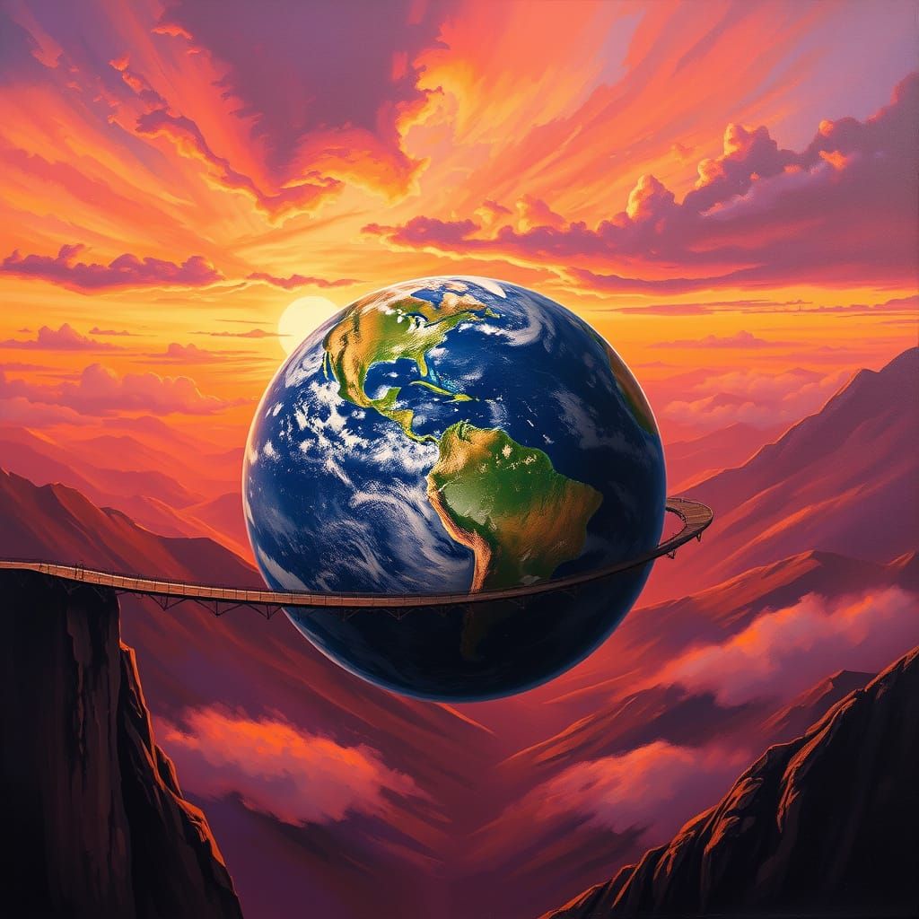 Surreal Earth Bridge at Sunset, Dalí & Magritte Style