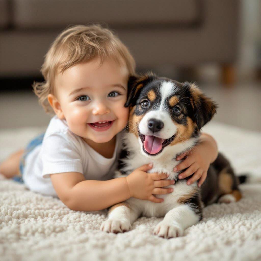 Baby Hugs Smiling Puppy