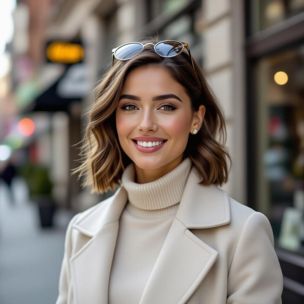 Elegant Woman in Urban Setting, Confident Smile