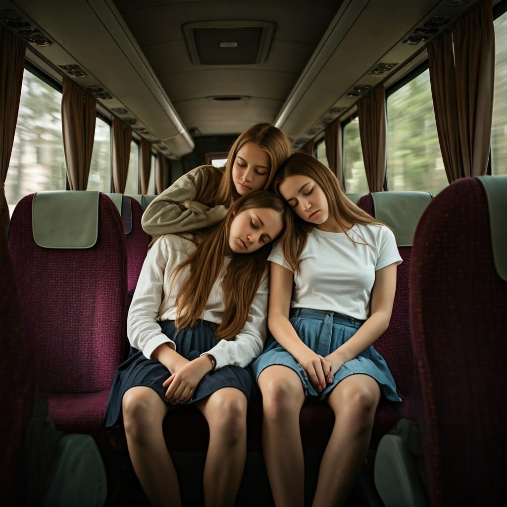 Teenage Girls Asleep on Bus, Realistic Style