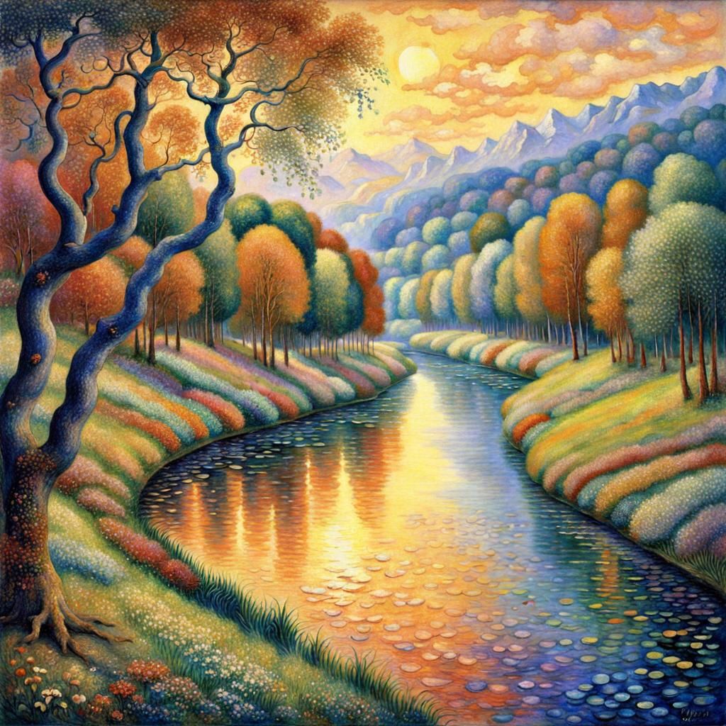 Colorful River Landscape in Pointillist Style