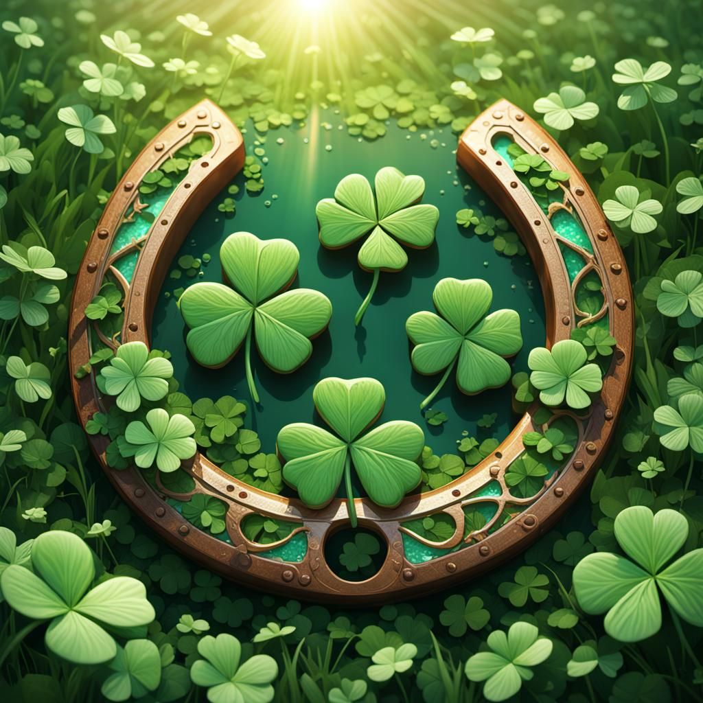 A horse shoe laying in a field of four leaf clover  by @Juniper Less