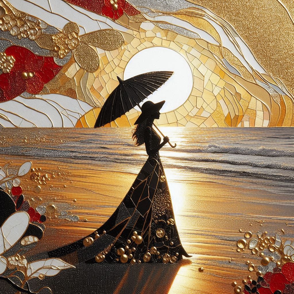 Umbrella on the beach at sunset