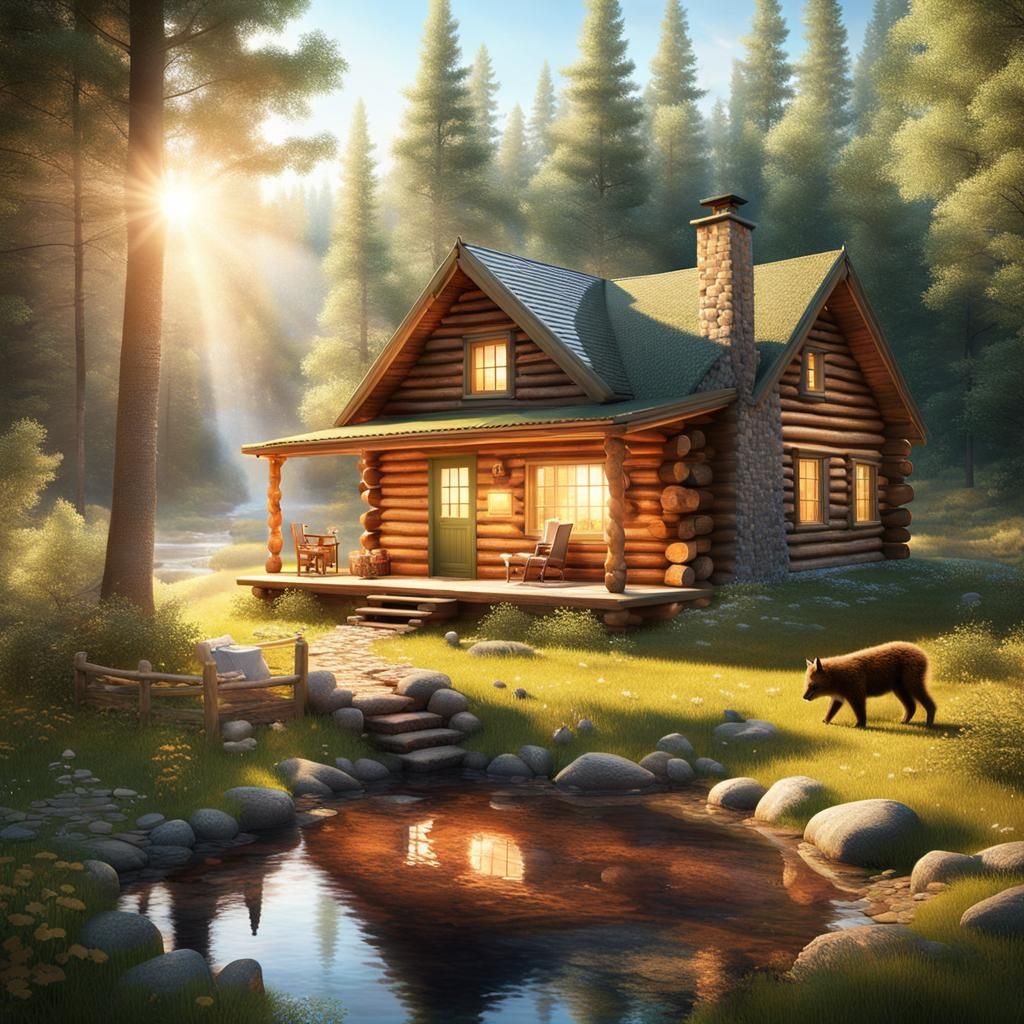 a (cozy log cabin in a beautiful, serene forest:1.2), smoke ...