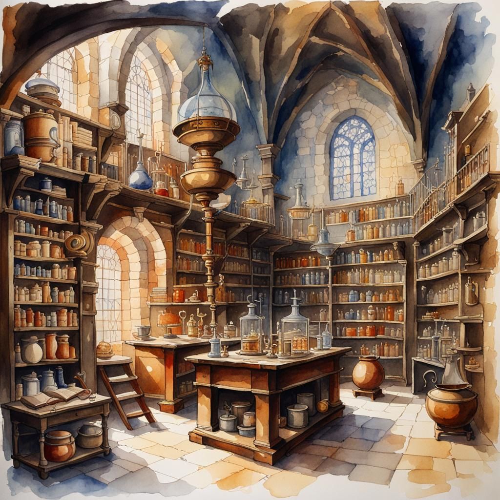 medieval alchemical laboratory with library in the castle, w...