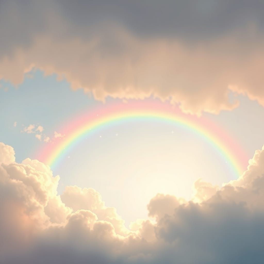 Rainbow Emerges from Soft Pastel Clouds in Whimsical Sky
