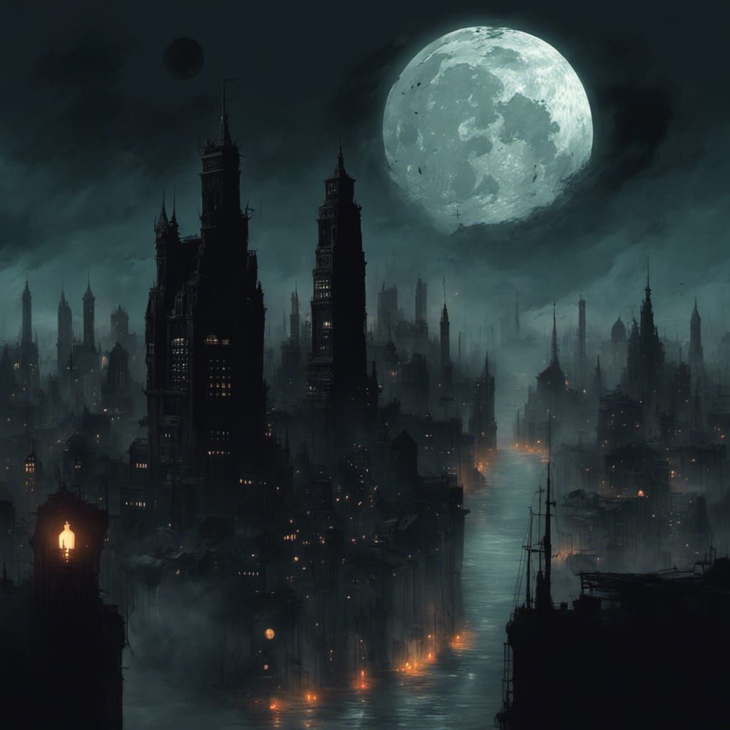 A giant formless city, an oppressive moon shines above, silhouetting ...