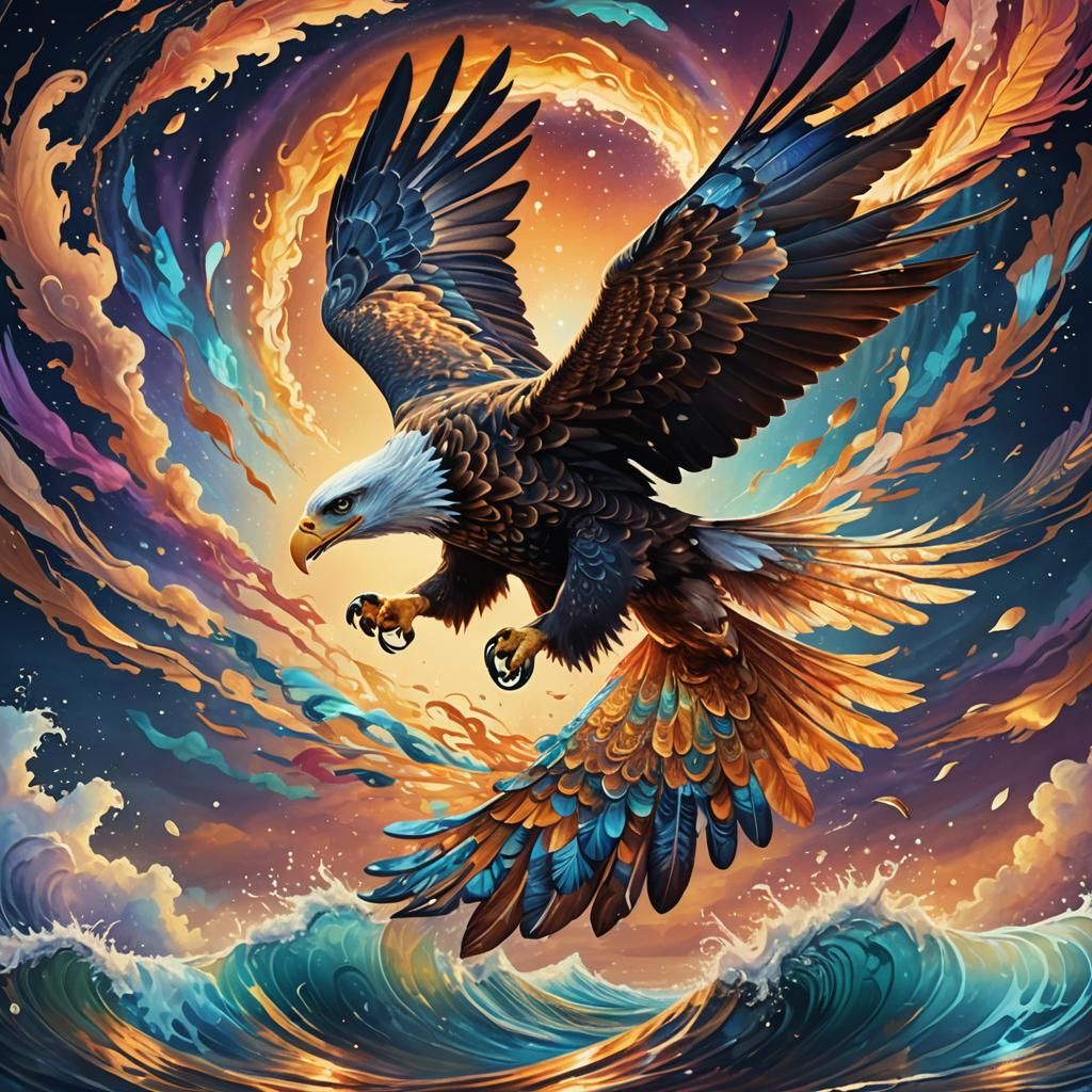 Eagle Diving into Sea in Cosmic Expressionism