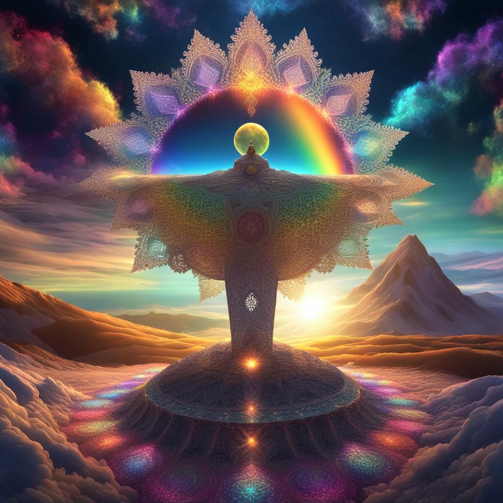 Heavenly View with Rainbow Fractal Snowflakes