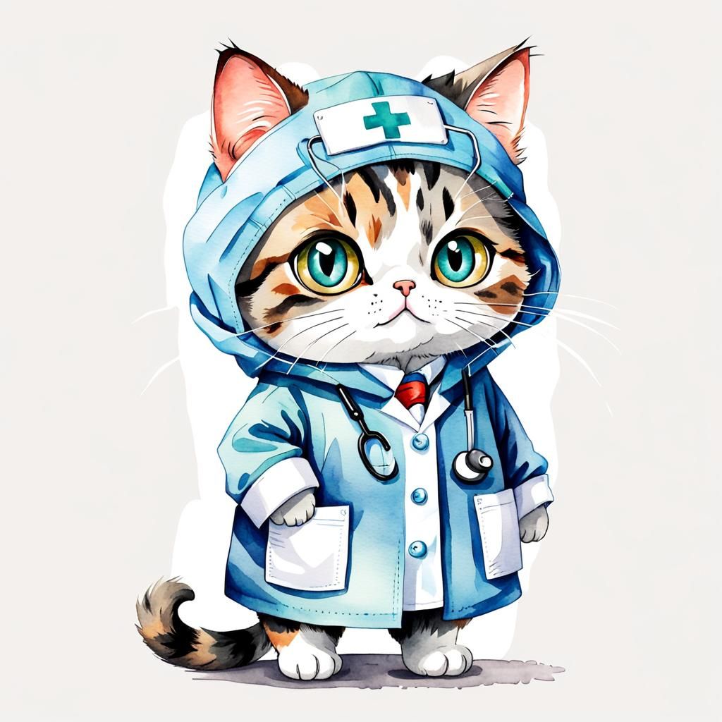 little puffy doctor cat with big eyes in the clothes, cartoon