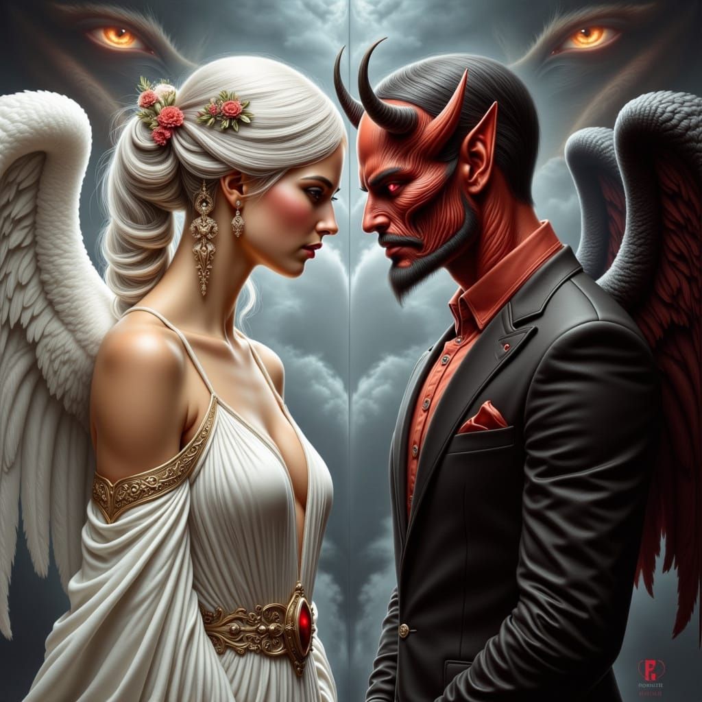 Angel and Devil in Contrasting Light and Darkness
