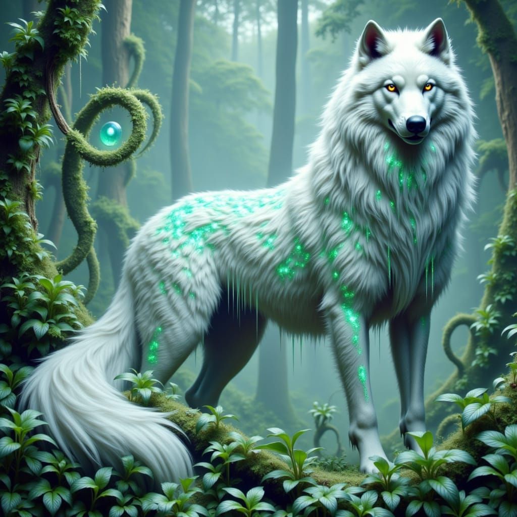 Majestic White Wolf in Ethereal Landscape