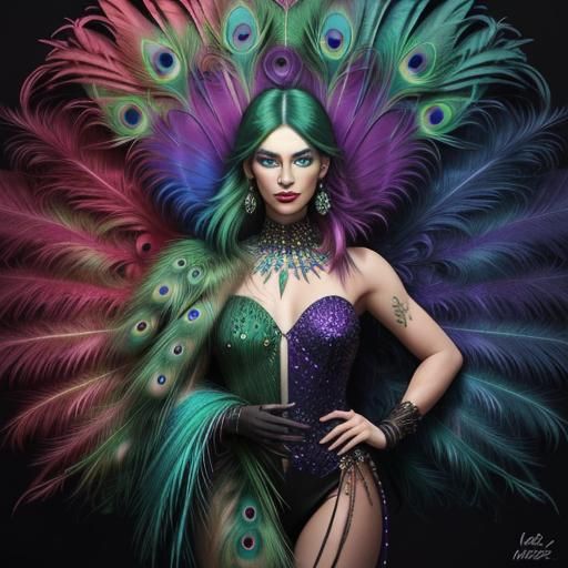 Beautiful woman with colourful rainbow skin, dark brown skin, peacock