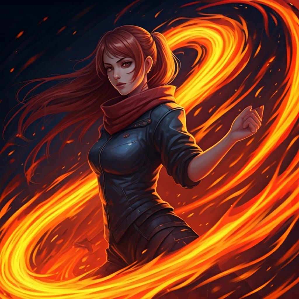 Energetic Woman Posing in Swirling Flames: Anime Style