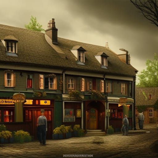 "Realistic painting of an old  Irish village pub"