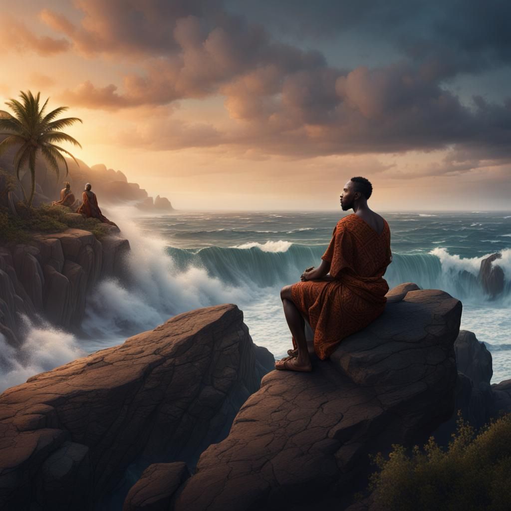 African man sitting on a rock and staring at the crashing wa...