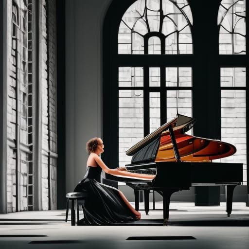 Black white and red. Woman playing grand piano in hall with ...