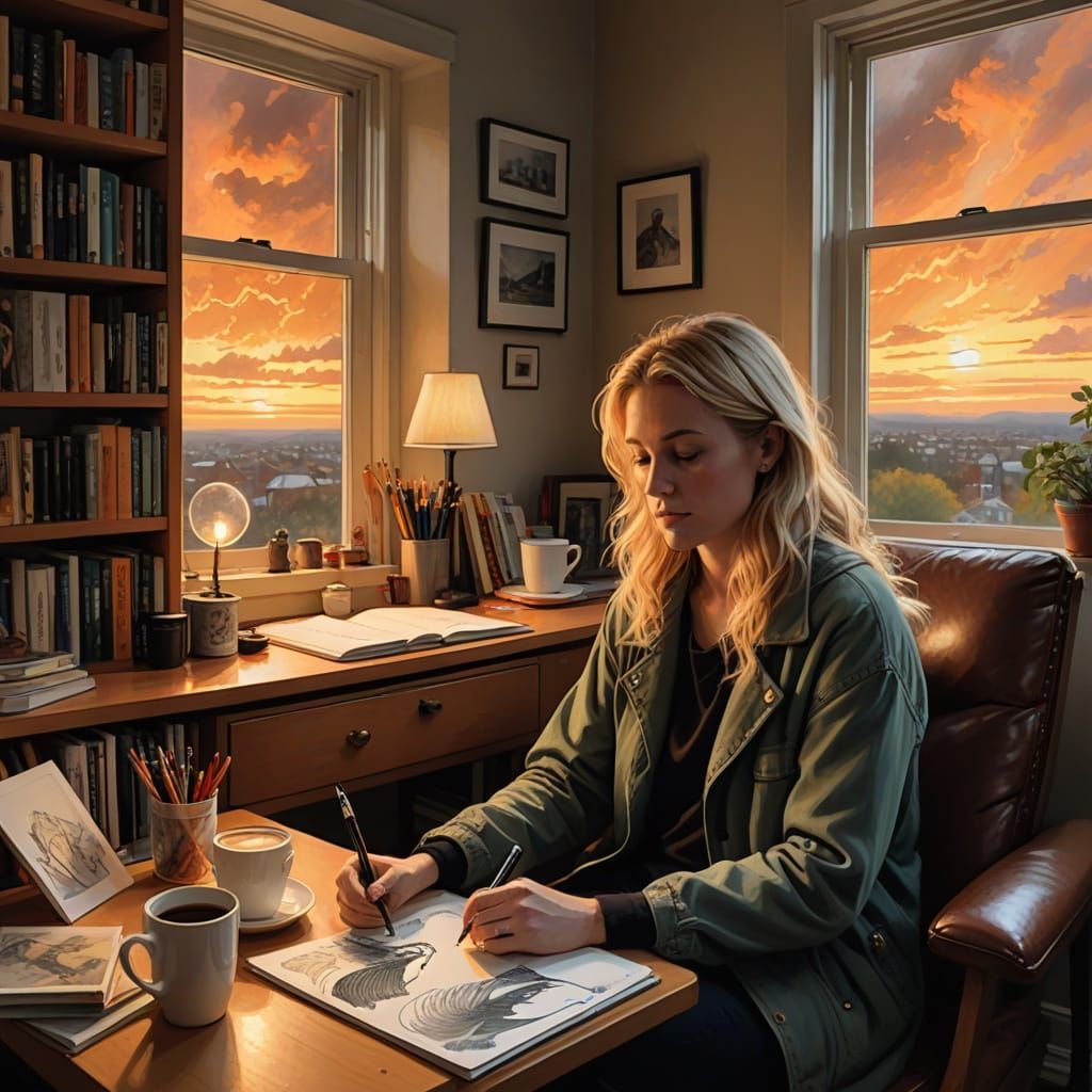 Portrait of an artist in a small reading nook that has magic windows, where each window has its own sunset.  And there are two work areas, extra hot chocolate and the artist is ambidextrous. Is this Surrealism or cranky AI?