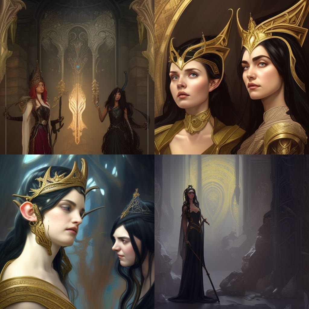 Black Haired Elven Princess And Sorceress With Staff And Crown In 