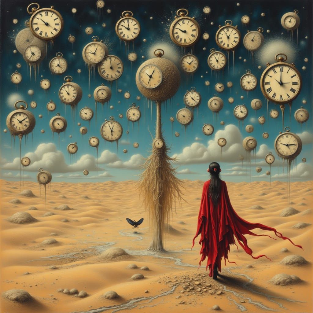 Surreal Desert Landscape with Melting Clocks and Tattered Wo...