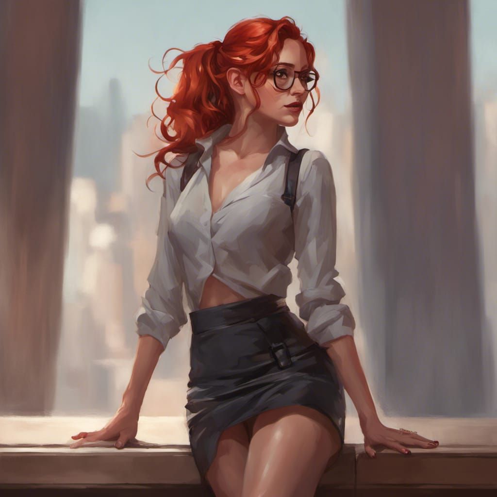 red hair, curls, ponytail, crying woman, modern look, short skirt,  standing, full-length view, heels, submissive, glasses - AI Generated  Artwork - NightCafe Creator