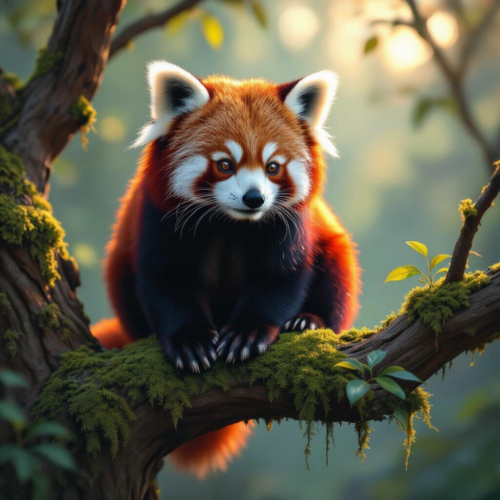 Stunning red panda on a tree, vibrant shiny metalic colors, sharp focus, medium shot, intrincated details , almost magical scene 