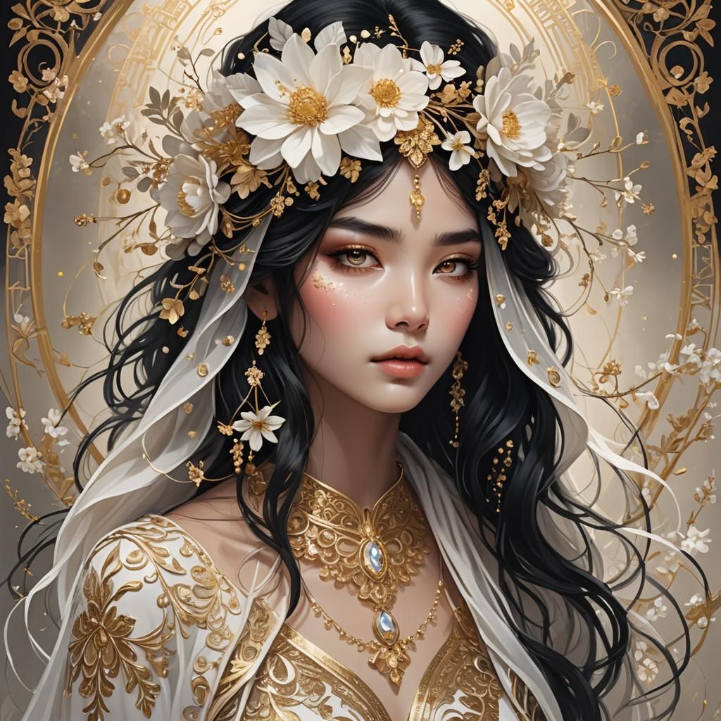 A mesmerizing digital illustration of an ethereal woman with cascading black tresses, adorned with intricate ...  by @undefined