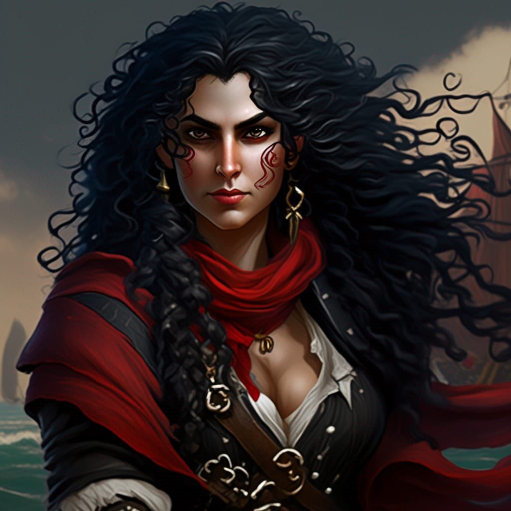 Fantasy, pirate, half-elf, female, long thick curly black hair ...