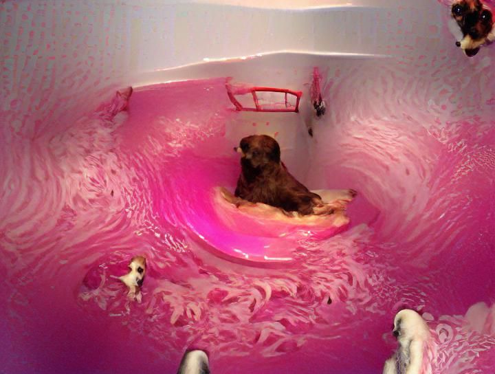 giving my dog a bath in the pink bathtub