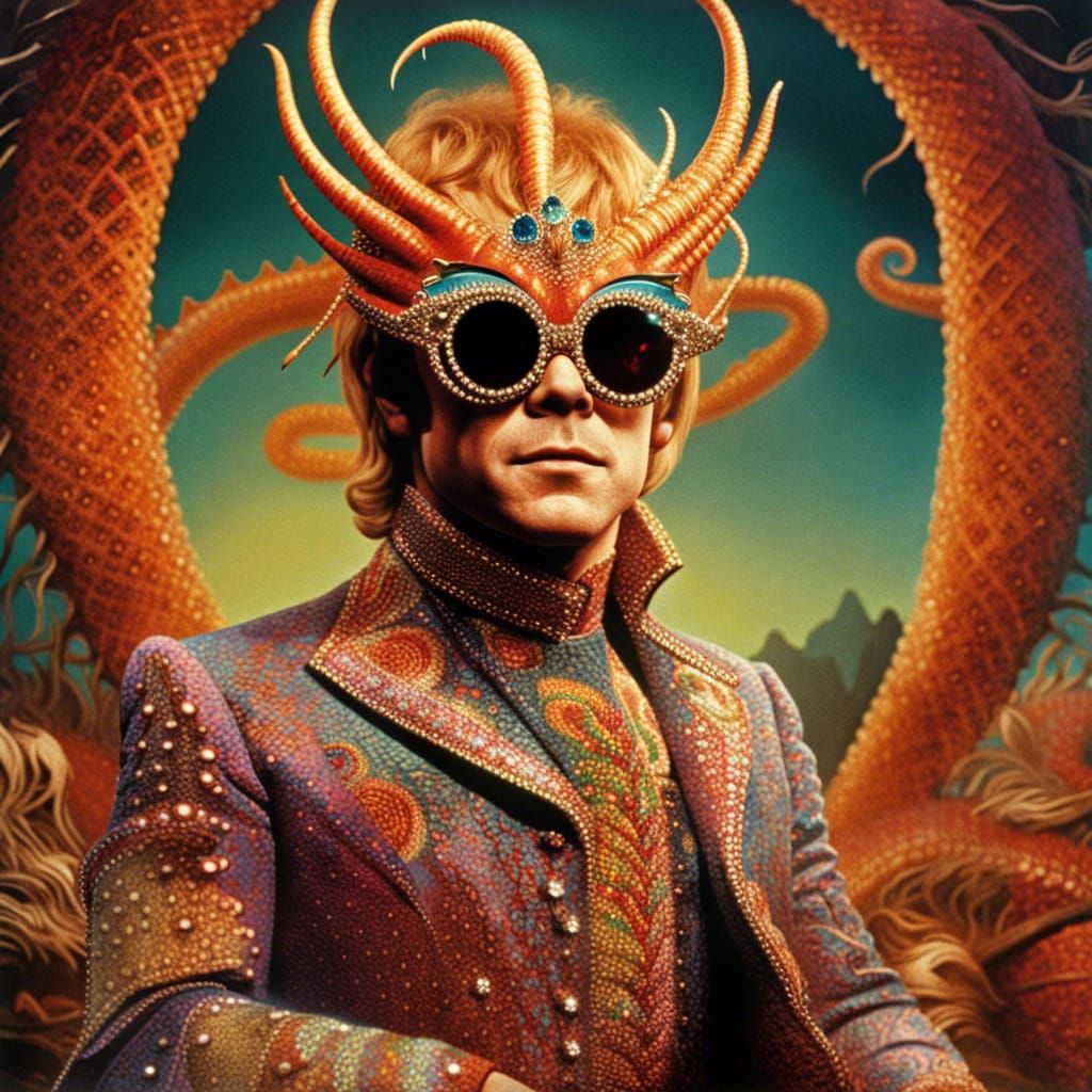 Elton John wearing enormous eye glasses shaped like a dragon, and covered with an abundance of rhinestones. ...  by @Pam