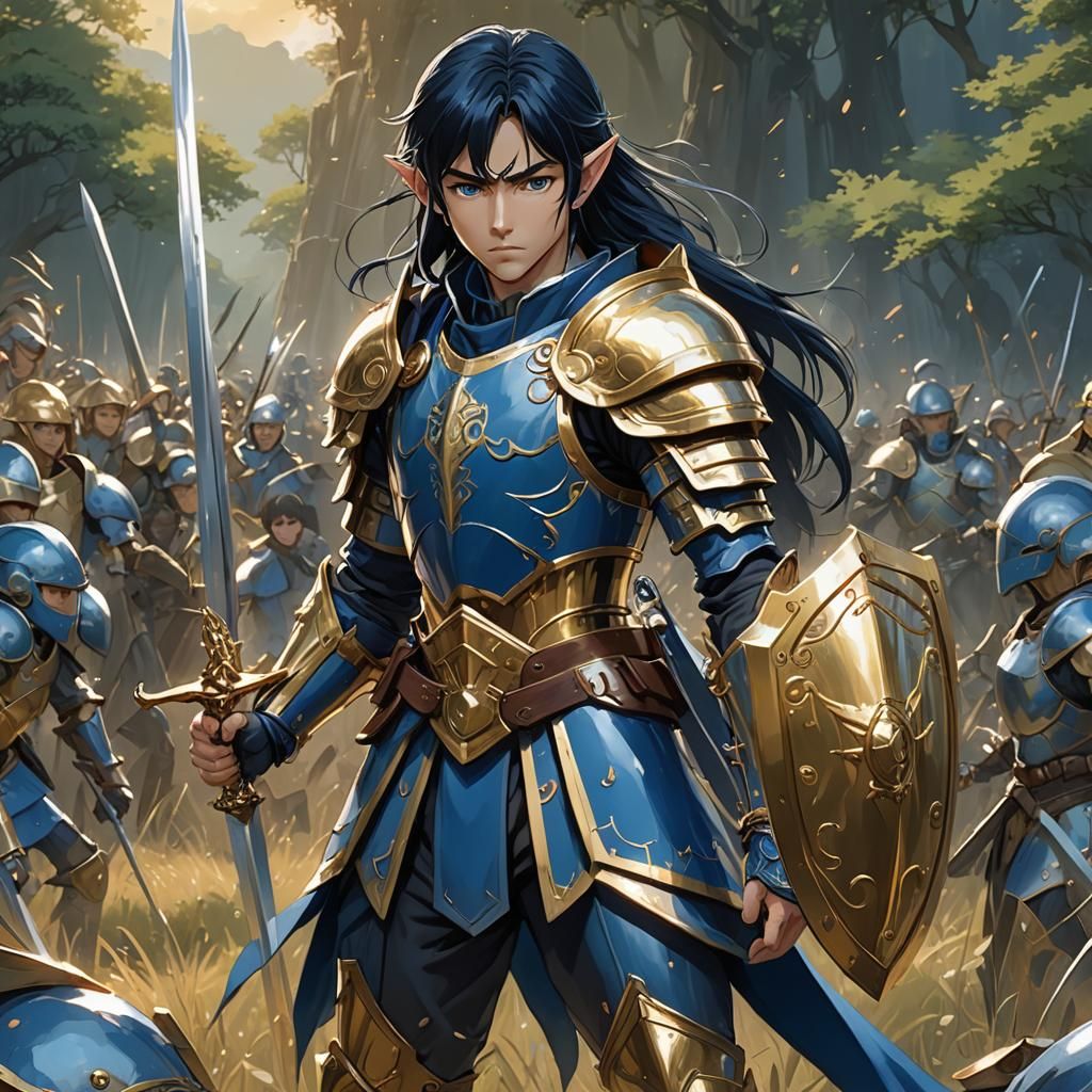 Elf soldier dressed in blue with gold armour, long black hai...