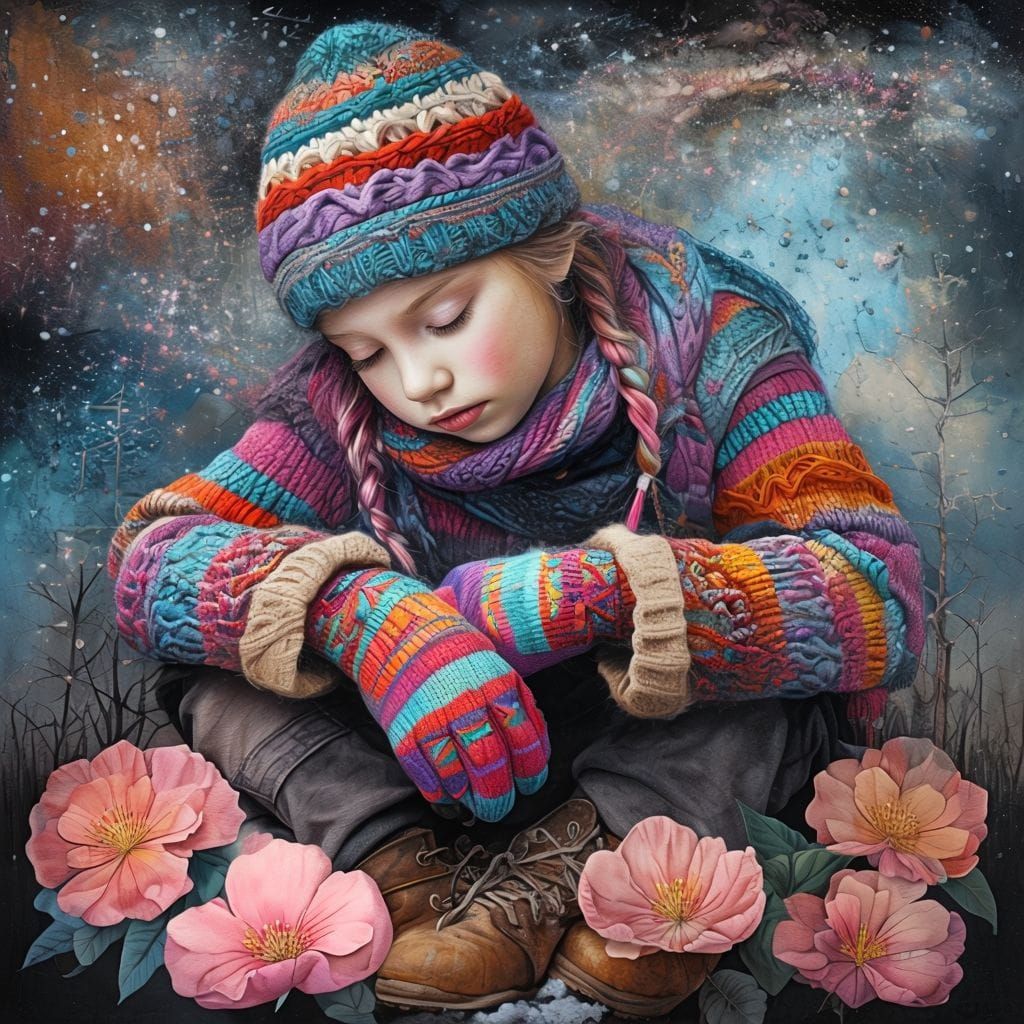 Girl in colorful knits surrounded by flowers