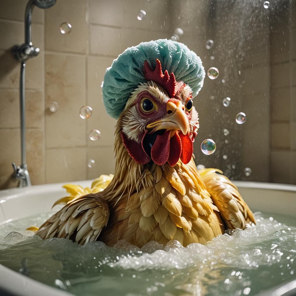 Wacky cartoon chicken taking a bubble bath with a loofah and a shower cap   by @Random user