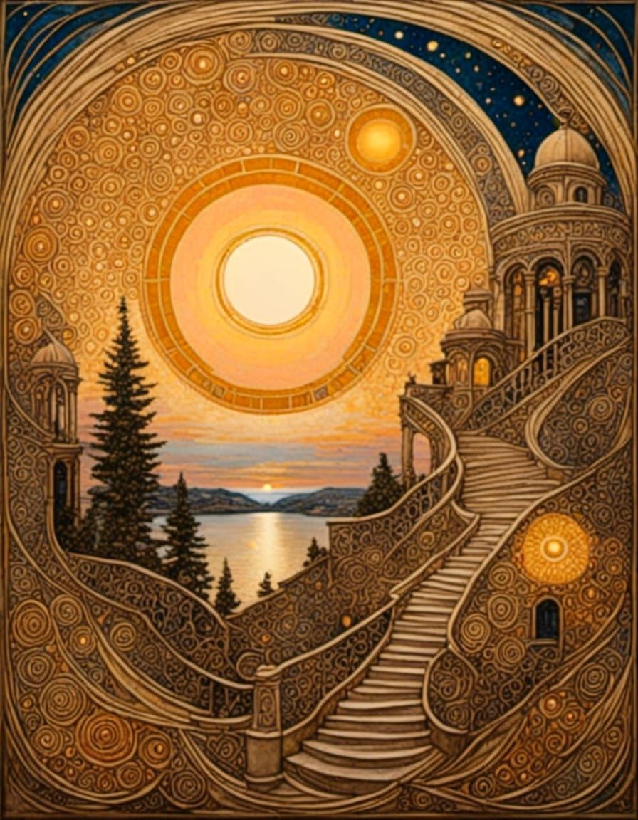 golden shimmer, gilded sunset, sparkling celestial sky <lora:Escherscapes:1.0> 