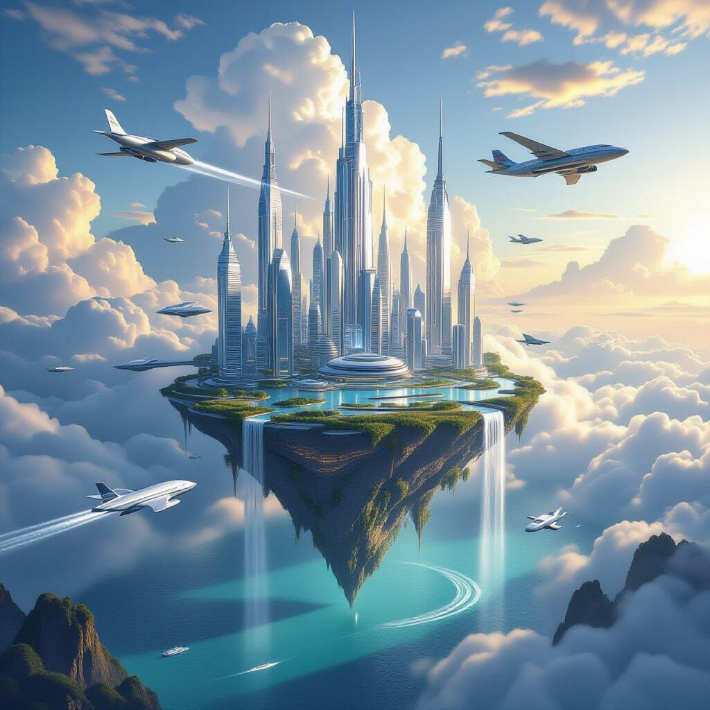 Futuristic Floating Island Above Ocean at Sunset