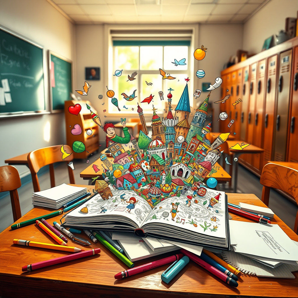 a doodle world coming to life springing from a sketcbook on a desk in a realistic classroom scene, filled with tiny worlds and characters co...