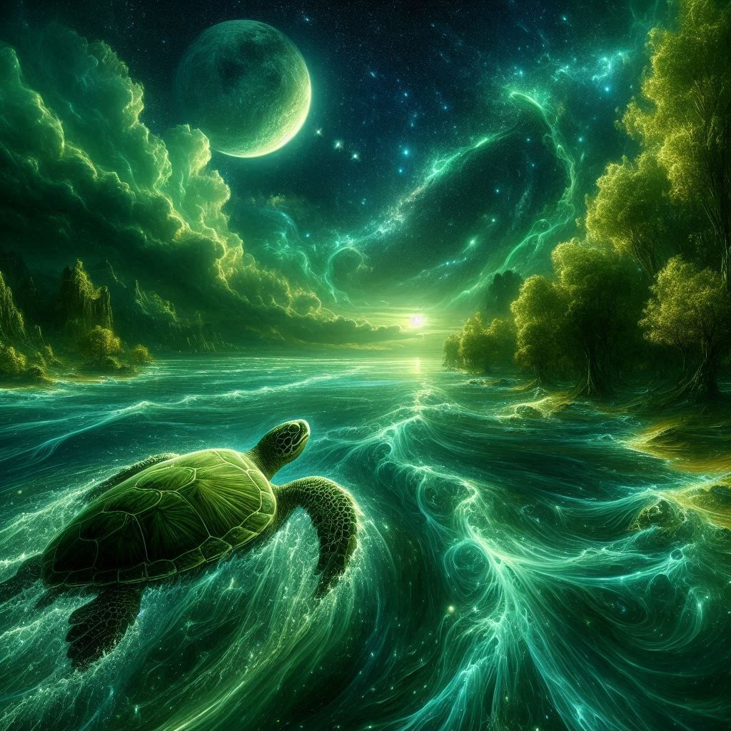 Green scenery and a turtle.