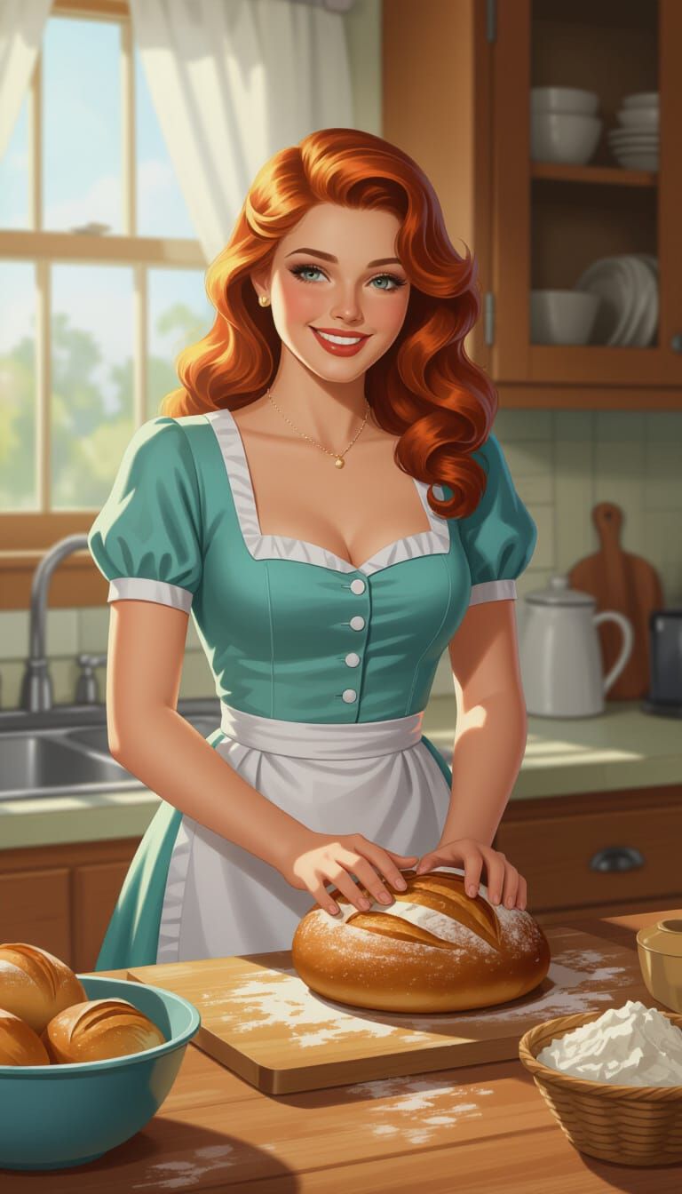 A beautiful young shapely smiling adorable well-endowed redhead tradwife baking bread in the kitchen in the morning of 1951.